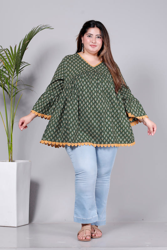 HAND BLOCK BUTTI PRINT COTTON TOP IN CHERRY OLIVE GREEN/MUSTURED COLOUR BY PLUSSIZEKURTI