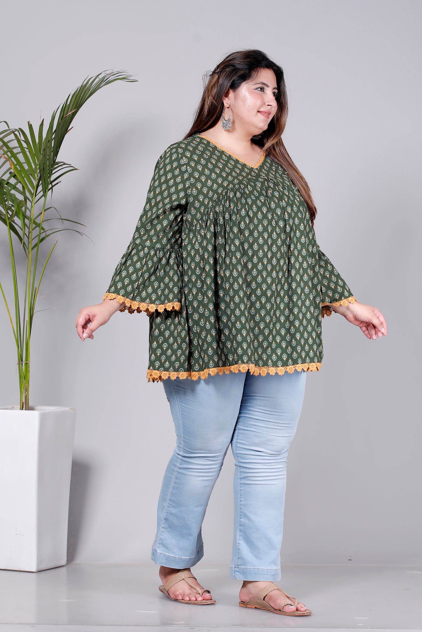 HAND BLOCK BUTTI PRINT COTTON TOP IN CHERRY OLIVE GREEN/MUSTURED COLOUR BY PLUSSIZEKURTI