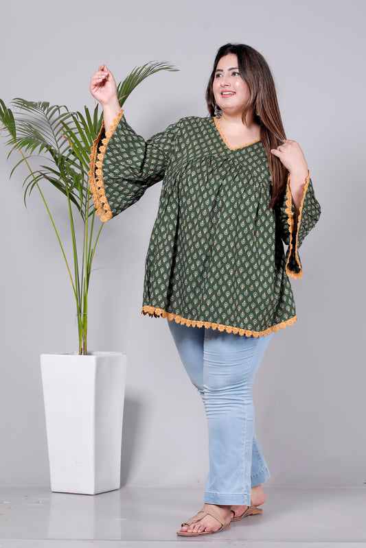HAND BLOCK BUTTI PRINT COTTON TOP IN CHERRY OLIVE GREEN/MUSTURED COLOUR BY PLUSSIZEKURTI
