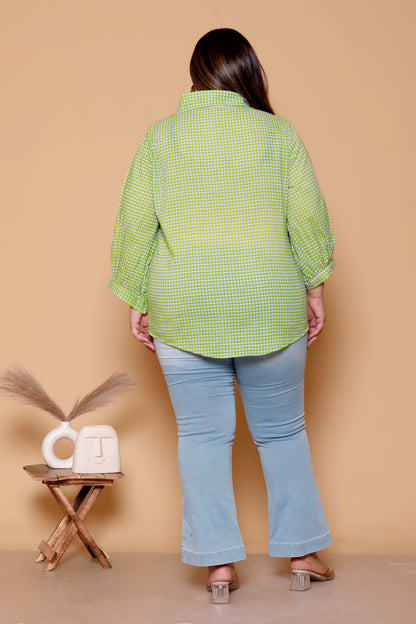 GEOMETRIC DOT PRINT COTTON SHIRT IN LEAF GREEN COLOUR BY PLUSSIZEKURTI