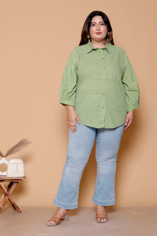 GEOMETRIC DOT PRINT COTTON SHIRT IN LEAF GREEN COLOUR BY PLUSSIZEKURTI