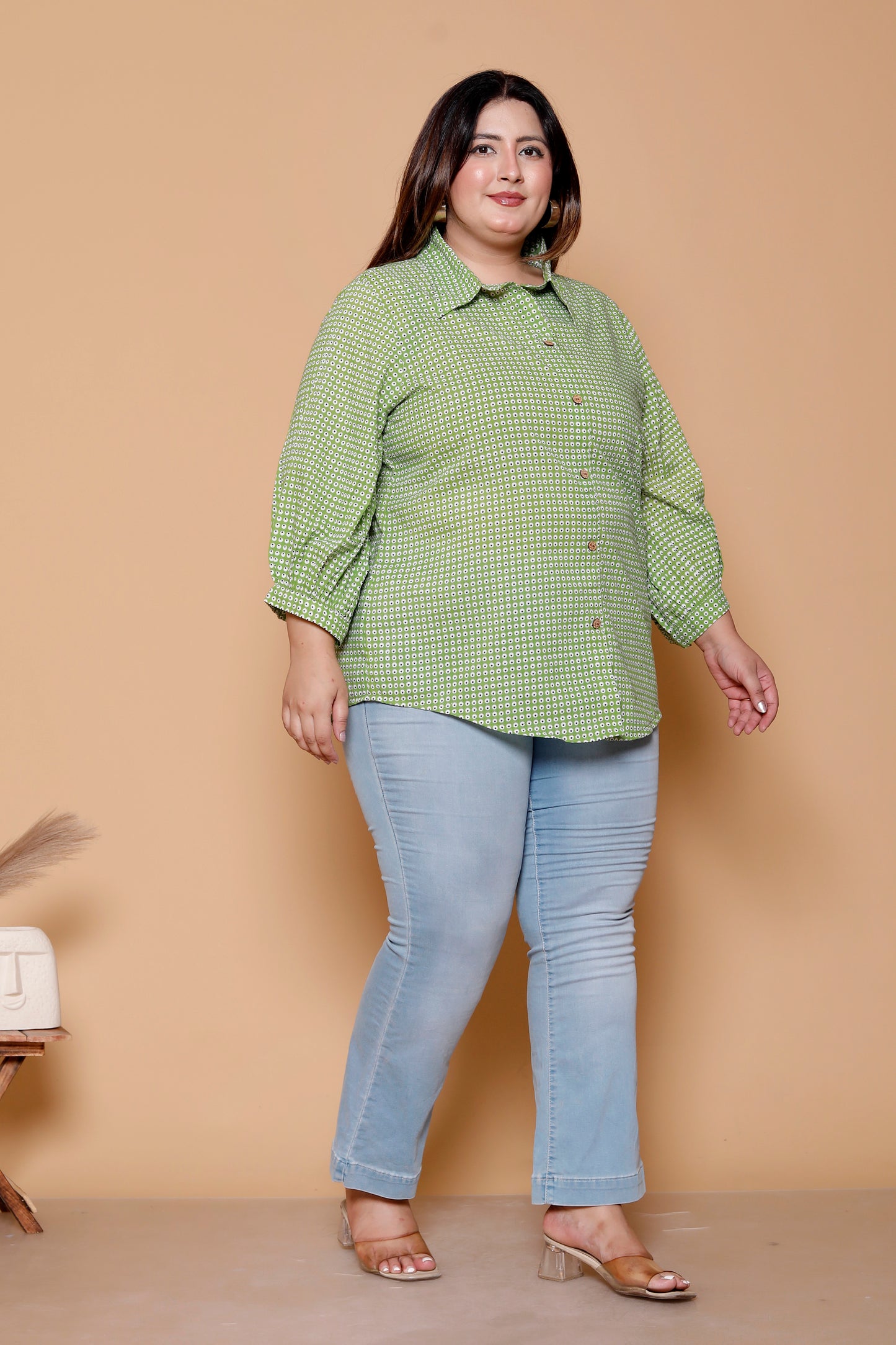 GEOMETRIC DOT PRINT COTTON SHIRT IN LEAF GREEN COLOUR BY PLUSSIZEKURTI
