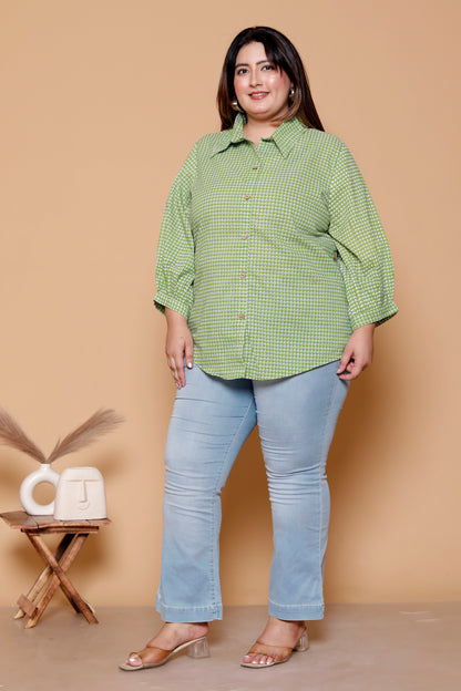 GEOMETRIC DOT PRINT COTTON SHIRT IN LEAF GREEN COLOUR BY PLUSSIZEKURTI