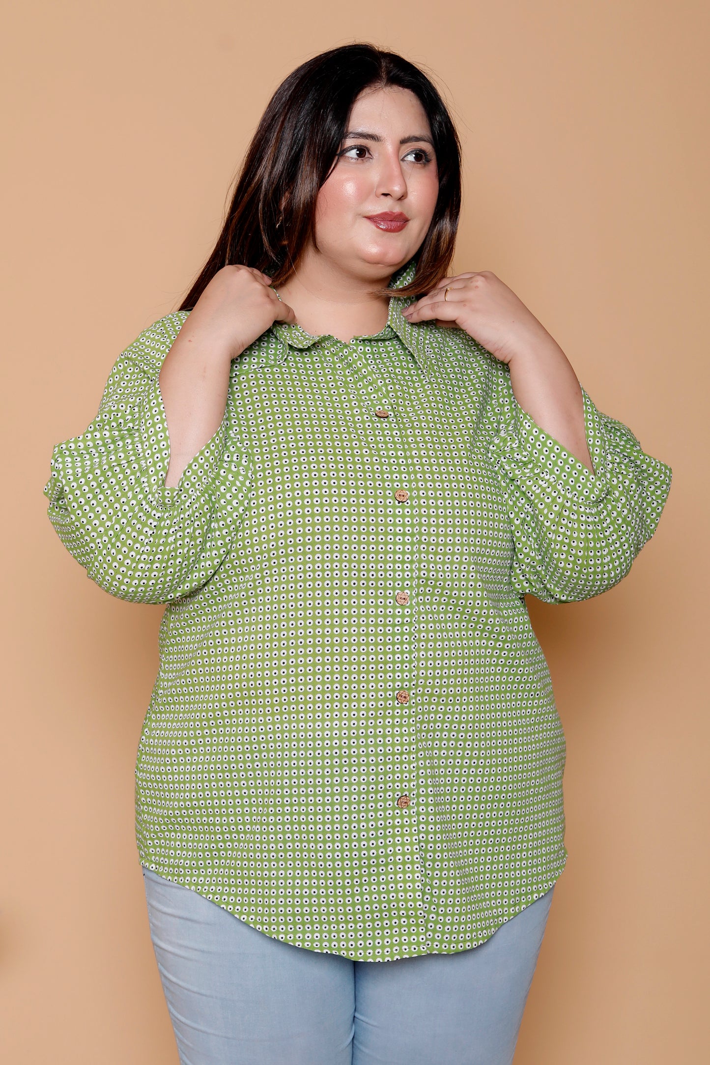 GEOMETRIC DOT PRINT COTTON SHIRT IN LEAF GREEN COLOUR BY PLUSSIZEKURTI