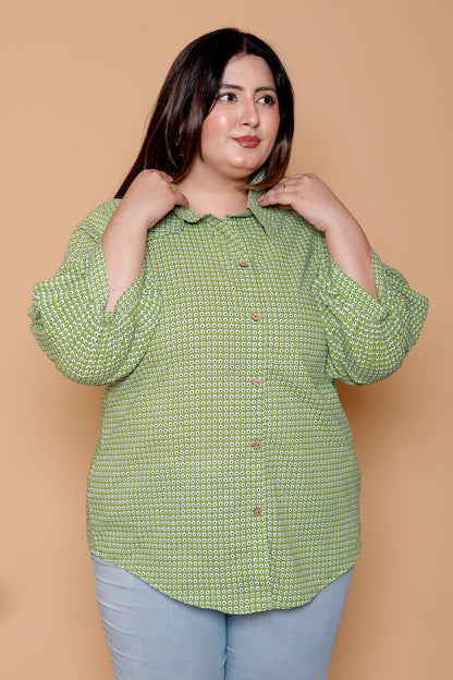 GEOMETRIC DOT PRINT COTTON SHIRT IN LEAF GREEN COLOUR BY PLUSSIZEKURTI