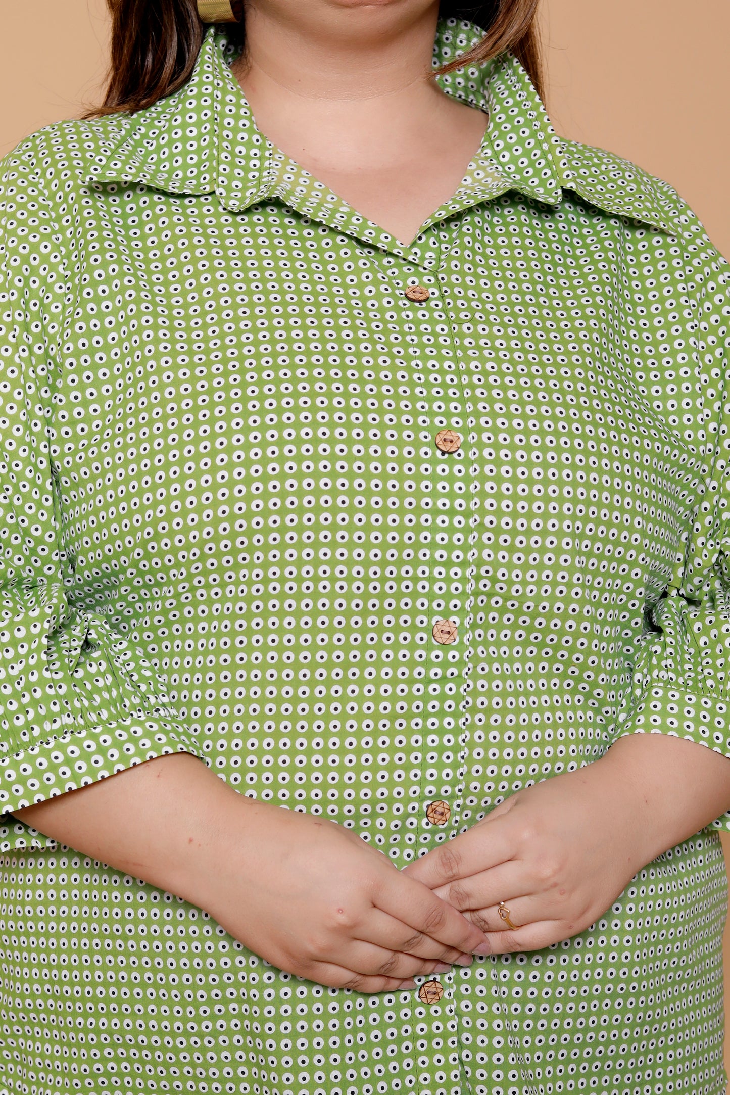 GEOMETRIC DOT PRINT COTTON SHIRT IN LEAF GREEN COLOUR BY PLUSSIZEKURTI