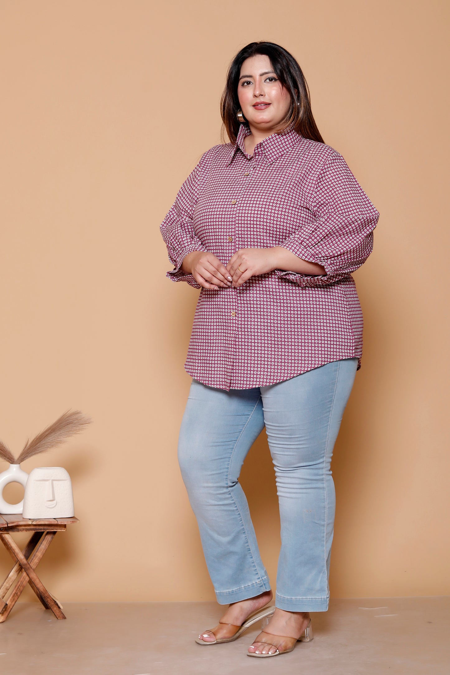 GEOMETRIC DOT PRINT COTTON SHIRT IN PURPLE COLOUR BY PLUSSIZEKURTI