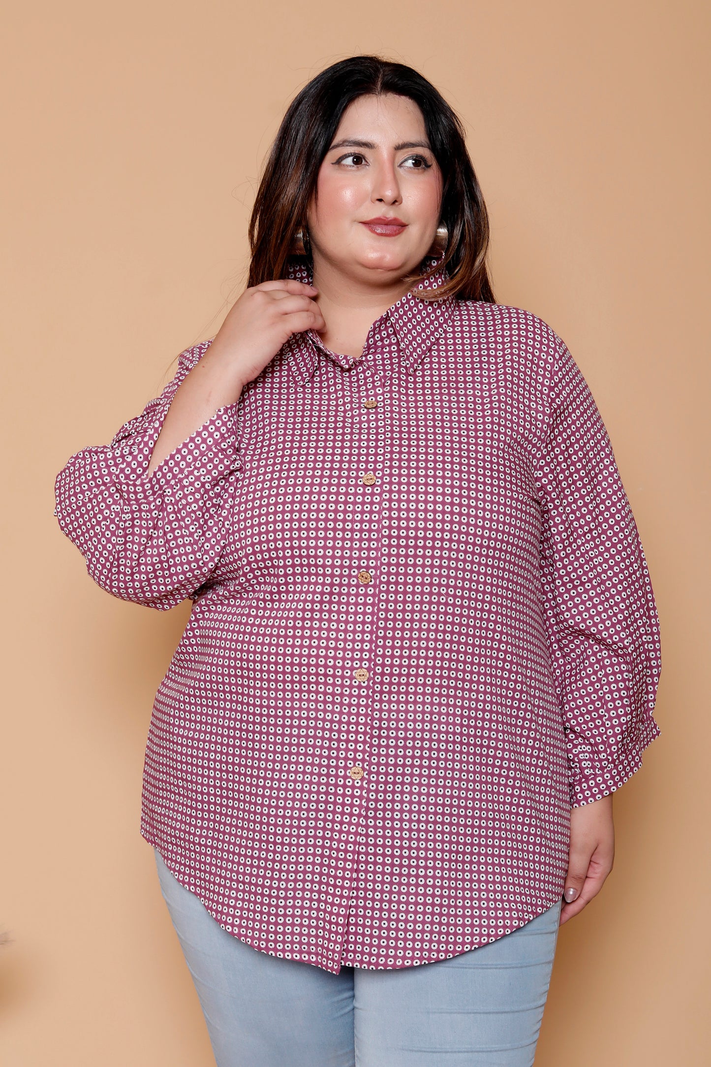 GEOMETRIC DOT PRINT COTTON SHIRT IN PURPLE COLOUR BY PLUSSIZEKURTI
