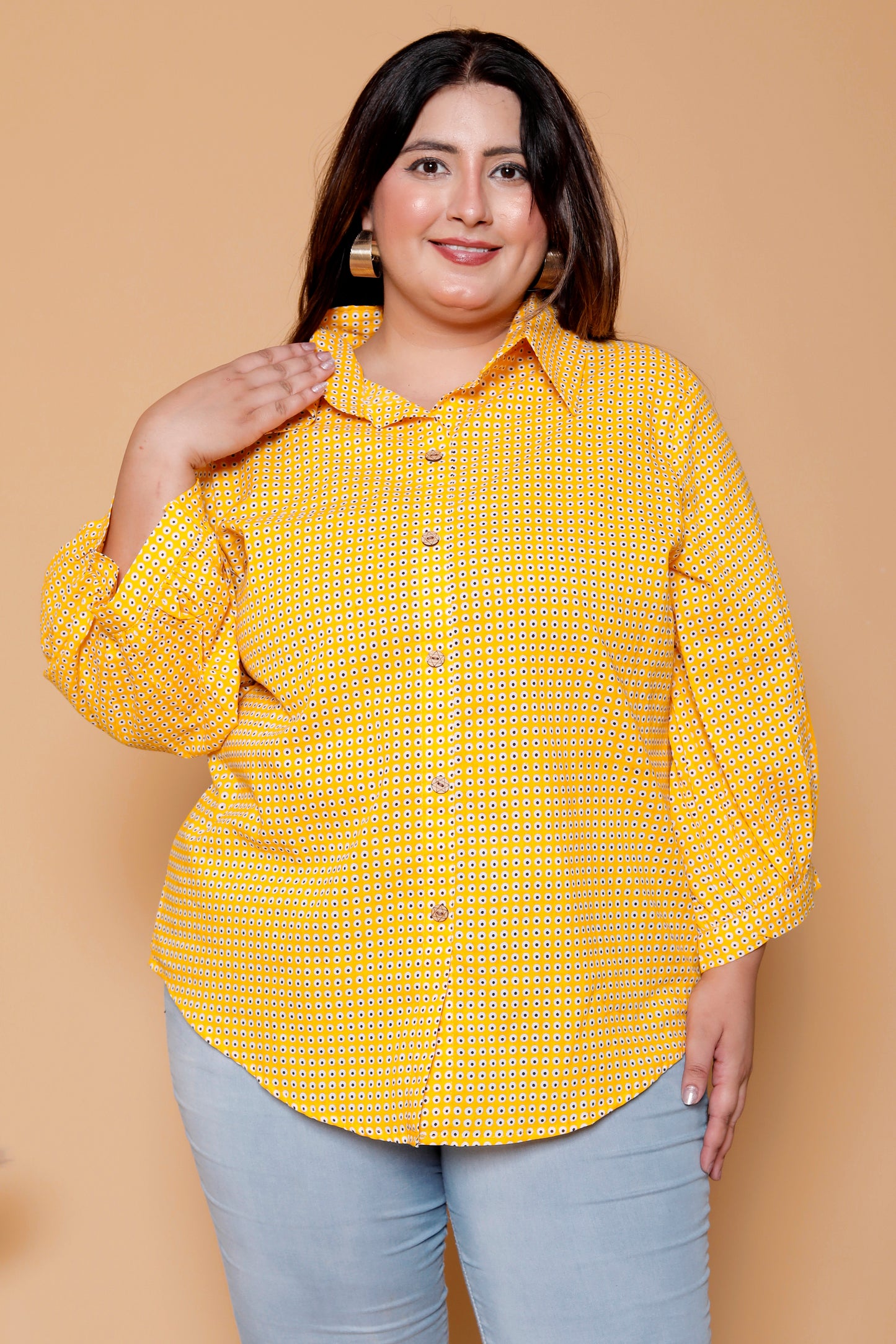 GEOMETRIC DOT PRINT COTTON SHIRT IN YELLOW COLOUR BY PLUSSIZEKURTI