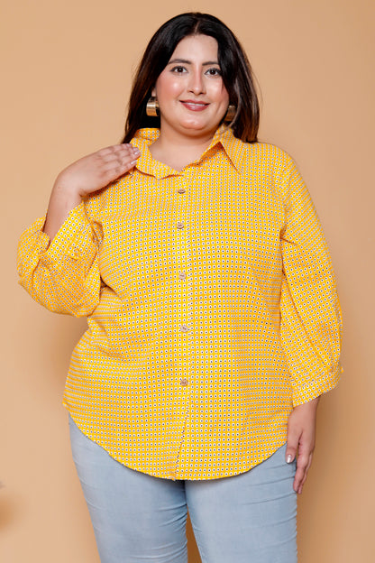 GEOMETRIC DOT PRINT COTTON SHIRT IN YELLOW COLOUR BY PLUSSIZEKURTI