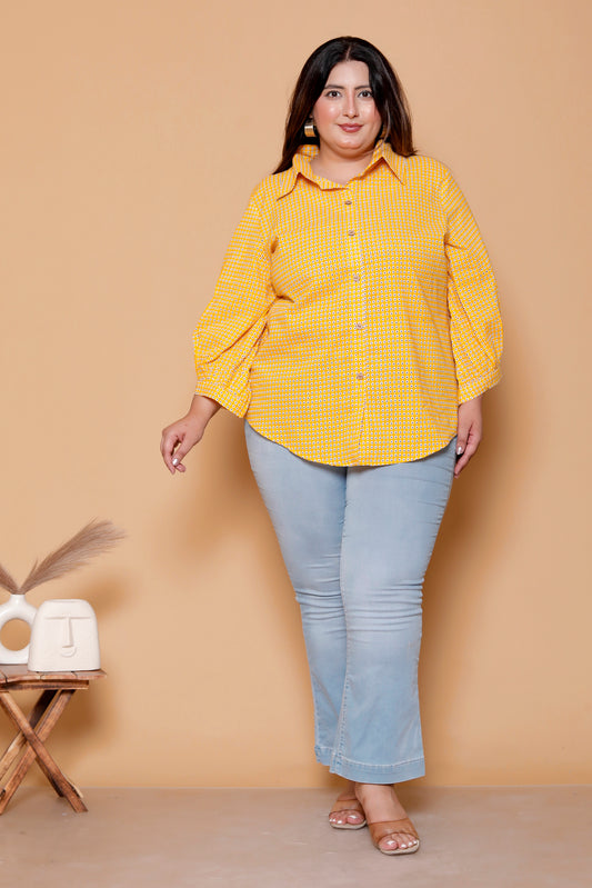 GEOMETRIC DOT PRINT COTTON SHIRT IN YELLOW COLOUR BY PLUSSIZEKURTI