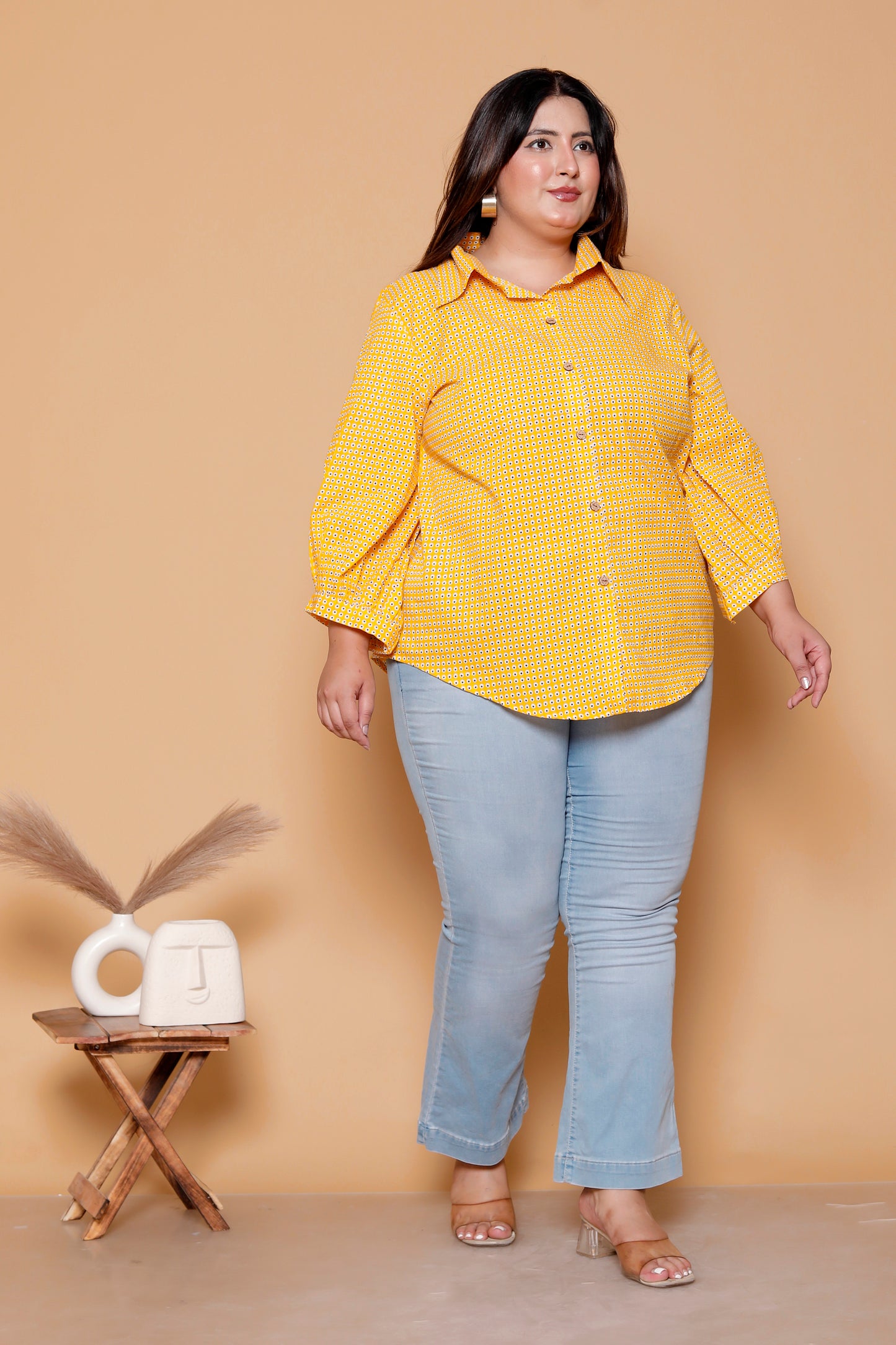 GEOMETRIC DOT PRINT COTTON SHIRT IN YELLOW COLOUR BY PLUSSIZEKURTI