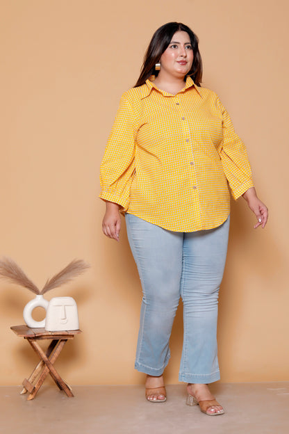 GEOMETRIC DOT PRINT COTTON SHIRT IN YELLOW COLOUR BY PLUSSIZEKURTI