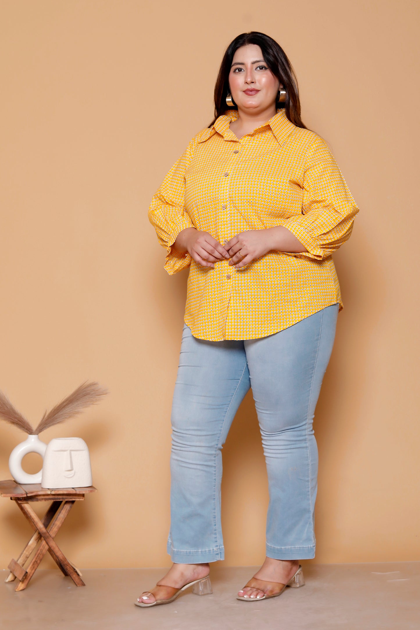 GEOMETRIC DOT PRINT COTTON SHIRT IN YELLOW COLOUR BY PLUSSIZEKURTI
