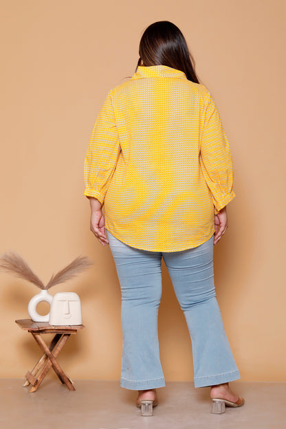 GEOMETRIC DOT PRINT COTTON SHIRT IN YELLOW COLOUR BY PLUSSIZEKURTI