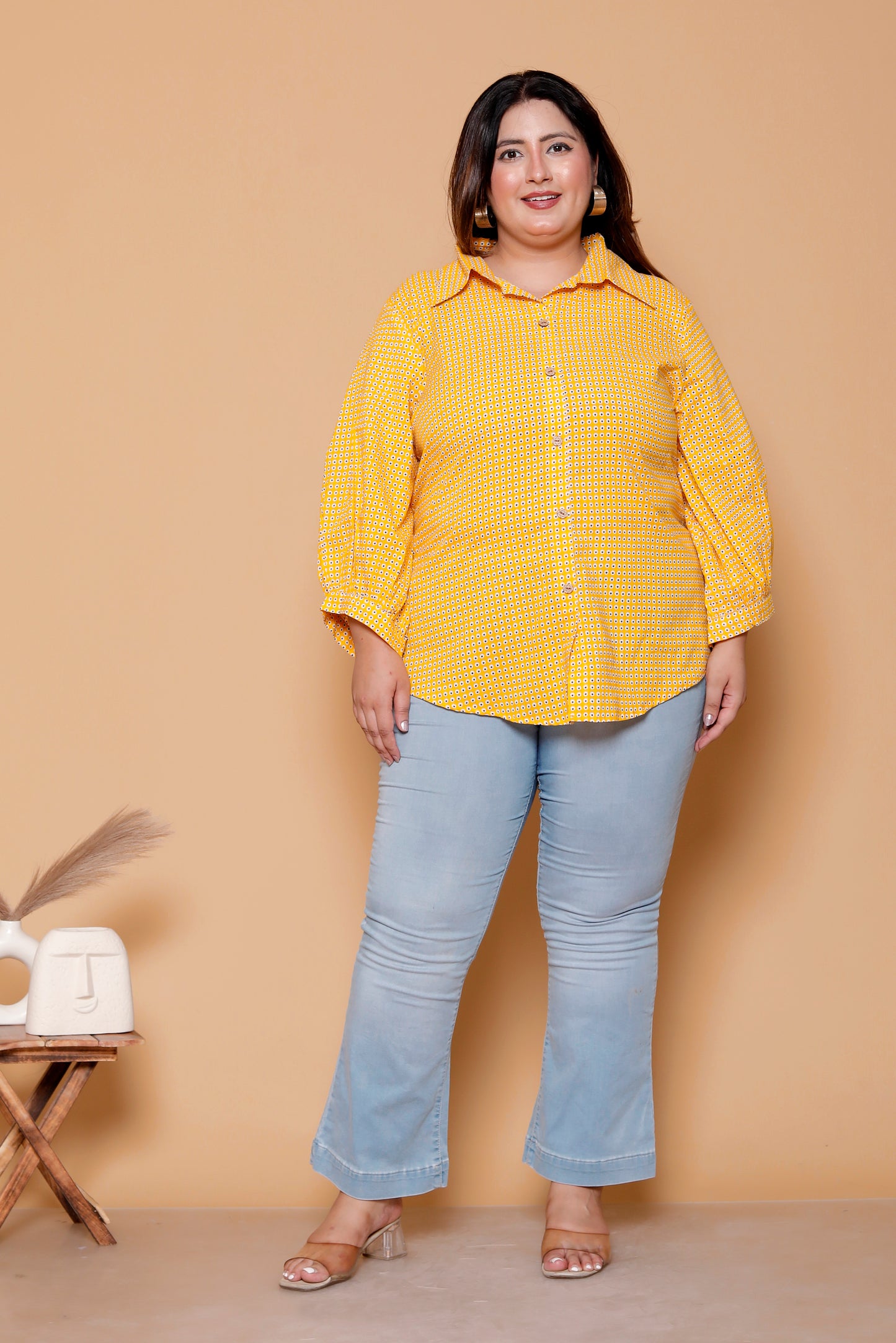 GEOMETRIC DOT PRINT COTTON SHIRT IN YELLOW COLOUR BY PLUSSIZEKURTI