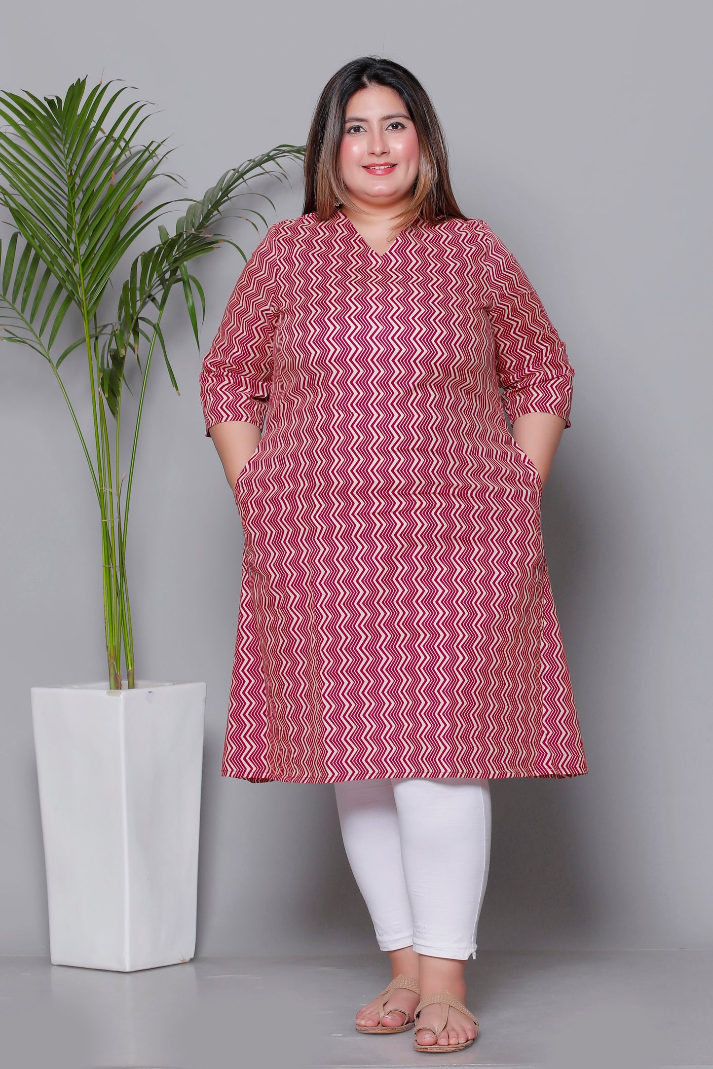 CHEVRON ZIG ZAG PRINT COTTON KURTI IN RED RUST BY PLUSSIZEKURTI