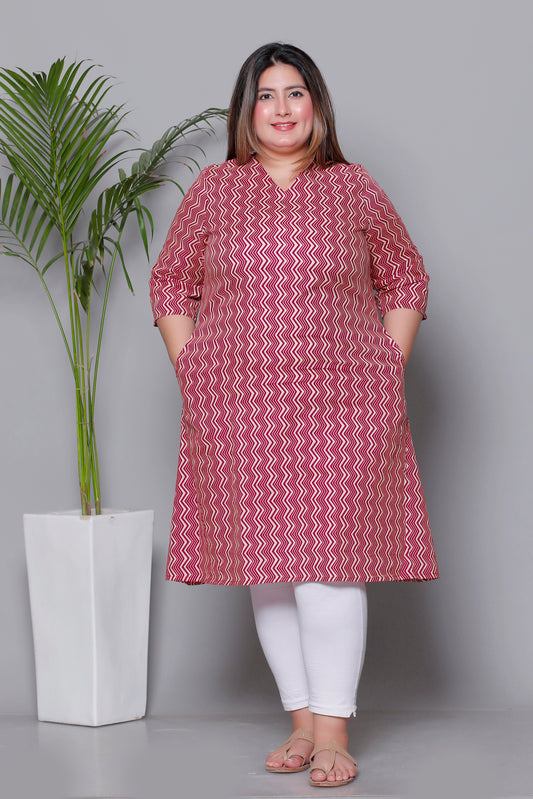 CHEVRON ZIG ZAG PRINT COTTON KURTI IN RED RUST BY PLUSSIZEKURTI