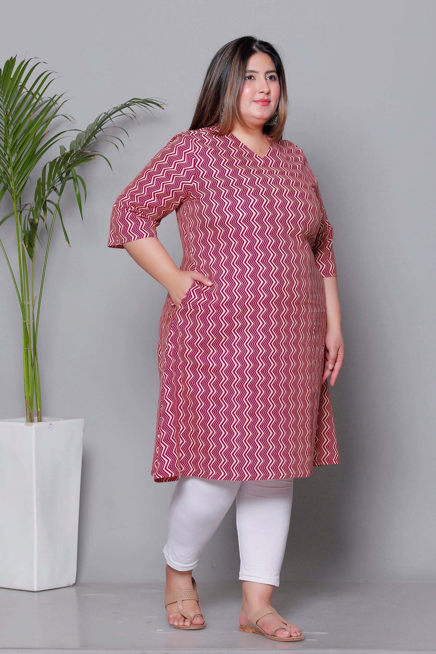 CHEVRON ZIG ZAG PRINT COTTON KURTI IN RED RUST BY PLUSSIZEKURTI