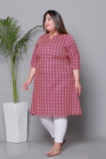 CHEVRON ZIG ZAG PRINT COTTON KURTI IN RED RUST BY PLUSSIZEKURTI