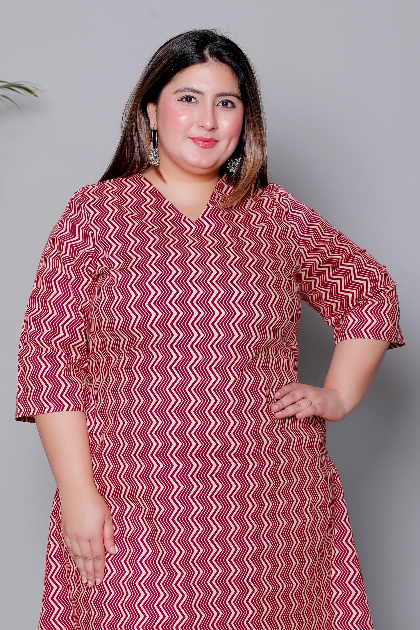 CHEVRON ZIG ZAG PRINT COTTON KURTI IN RED RUST BY PLUSSIZEKURTI