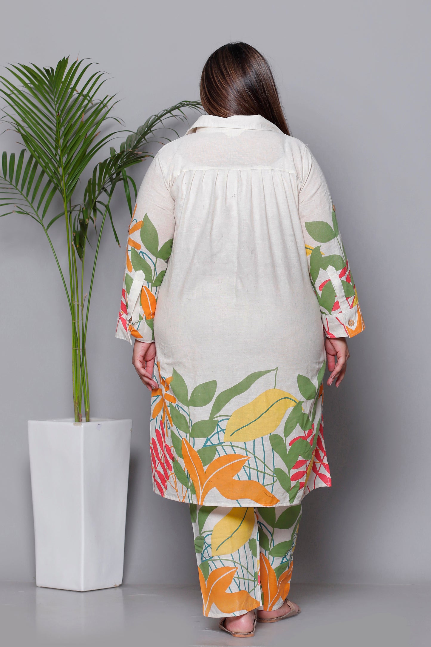 FLORAL LEAF HAND PAINTED PRINT COTTON FLEX 2 PEICE KURTA PANT IN ORANGE BY PLUSSIZEKURTI