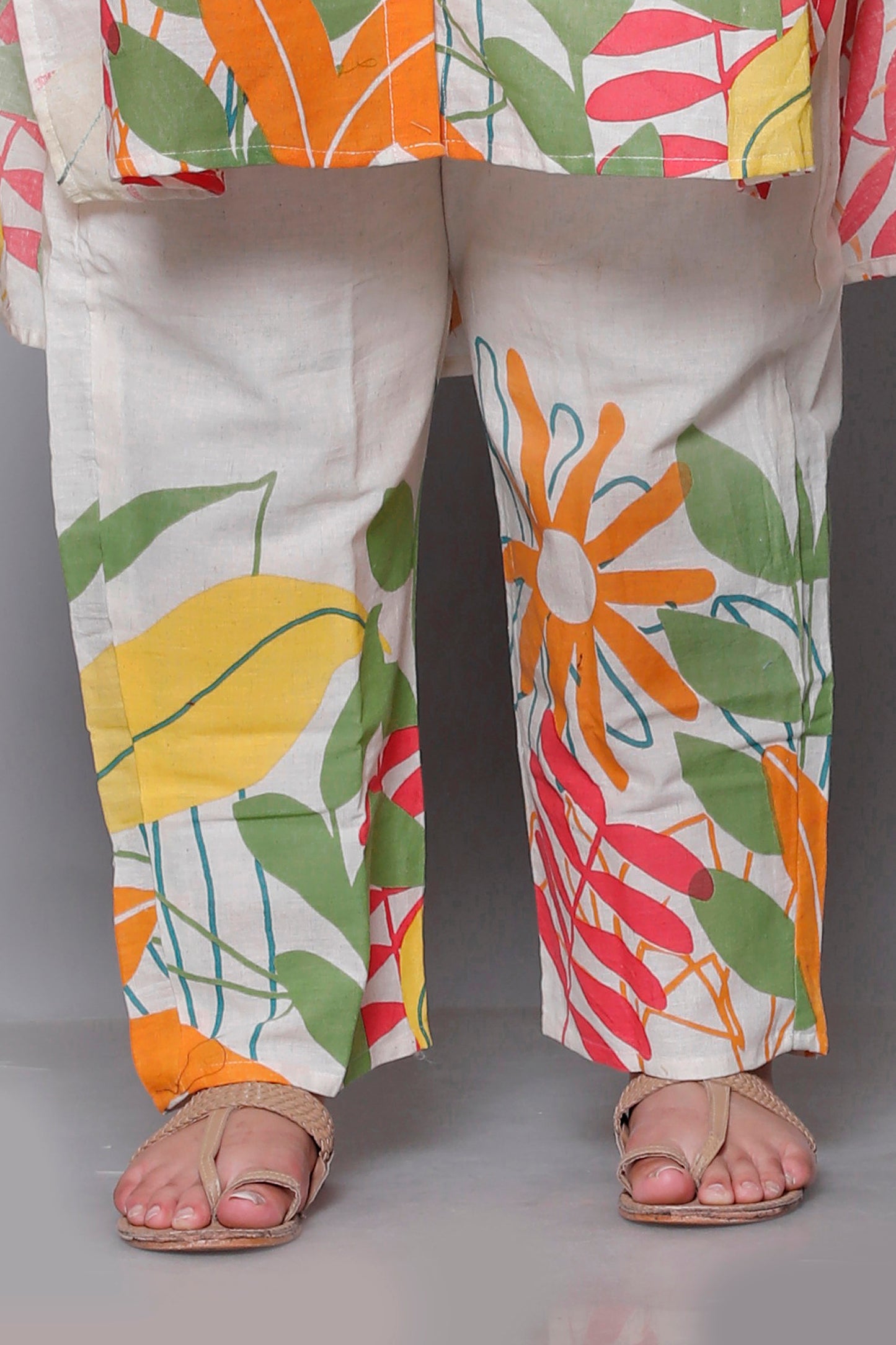 FLORAL LEAF HAND PAINTED PRINT COTTON FLEX 2 PEICE KURTA PANT IN ORANGE BY PLUSSIZEKURTI