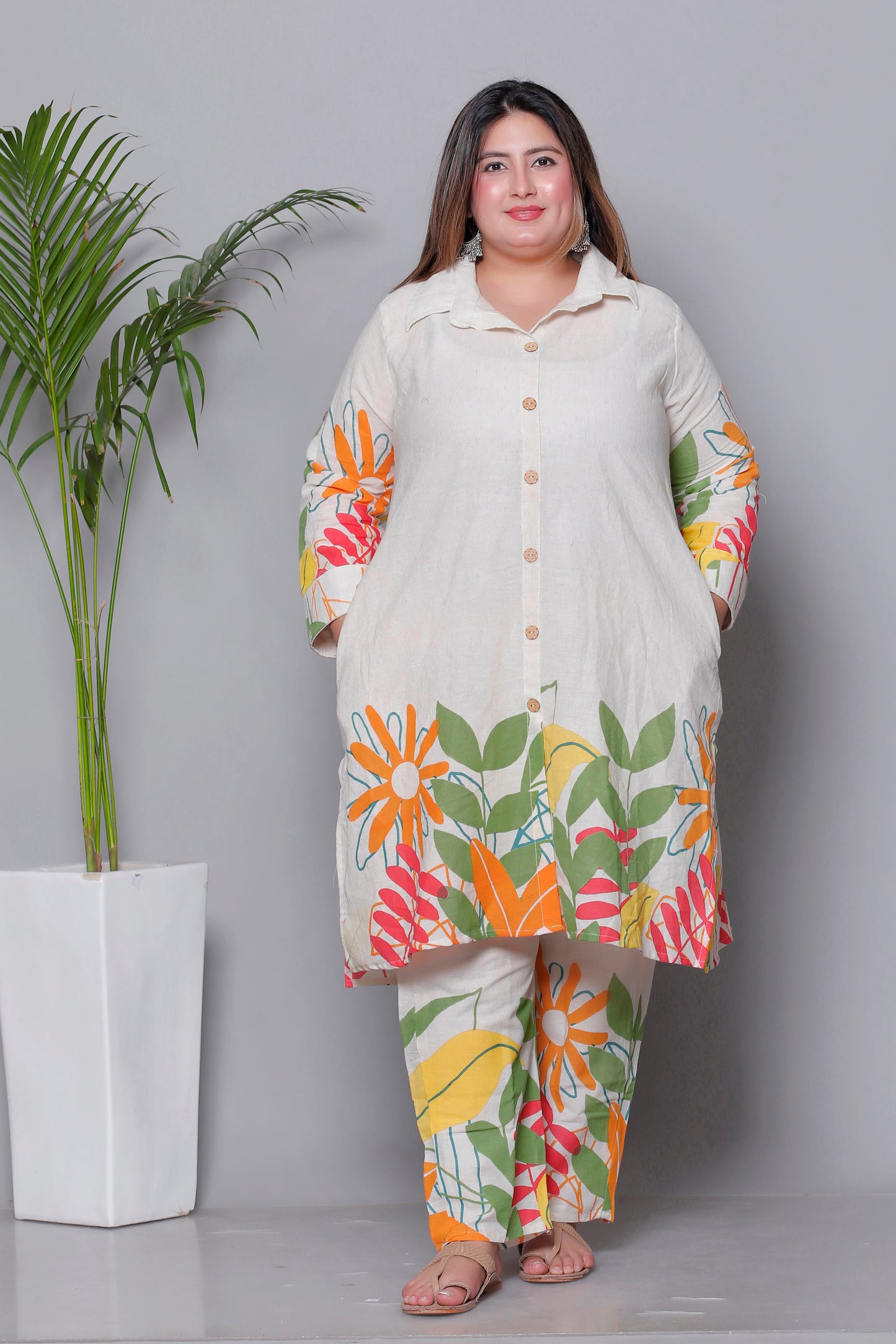 FLORAL LEAF HAND PAINTED PRINT COTTON FLEX 2 PEICE KURTA PANT IN ORANGE BY PLUSSIZEKURTI