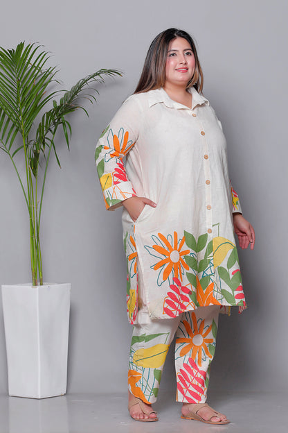 FLORAL LEAF HAND PAINTED PRINT COTTON FLEX 2 PEICE KURTA PANT IN ORANGE BY PLUSSIZEKURTI