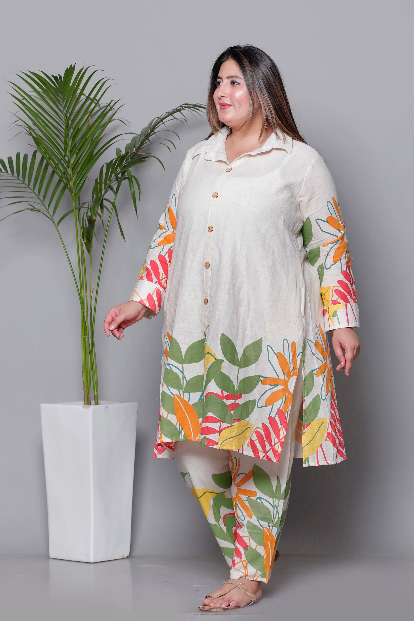 FLORAL LEAF HAND PAINTED PRINT COTTON FLEX 2 PEICE KURTA PANT IN ORANGE BY PLUSSIZEKURTI