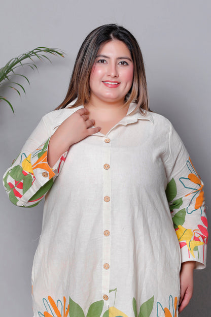 FLORAL LEAF HAND PAINTED PRINT COTTON FLEX 2 PEICE KURTA PANT IN ORANGE BY PLUSSIZEKURTI