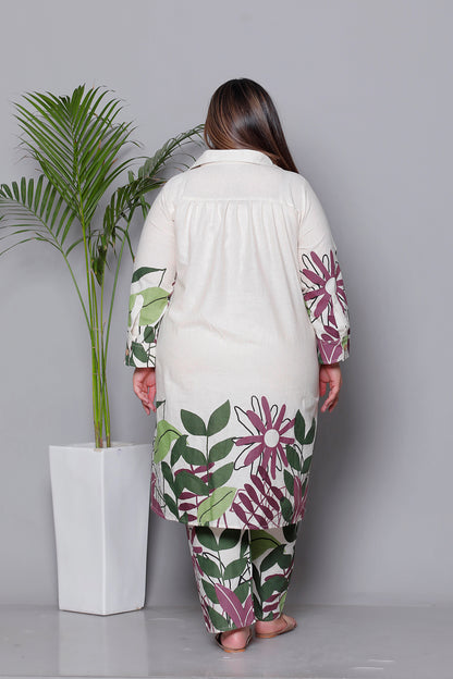 FLORAL LEAF HAND PAINTED PRINT COTTON FLEX 2 PEICE KURTA PANT IN WINE BY PLUSSIZEKURTI