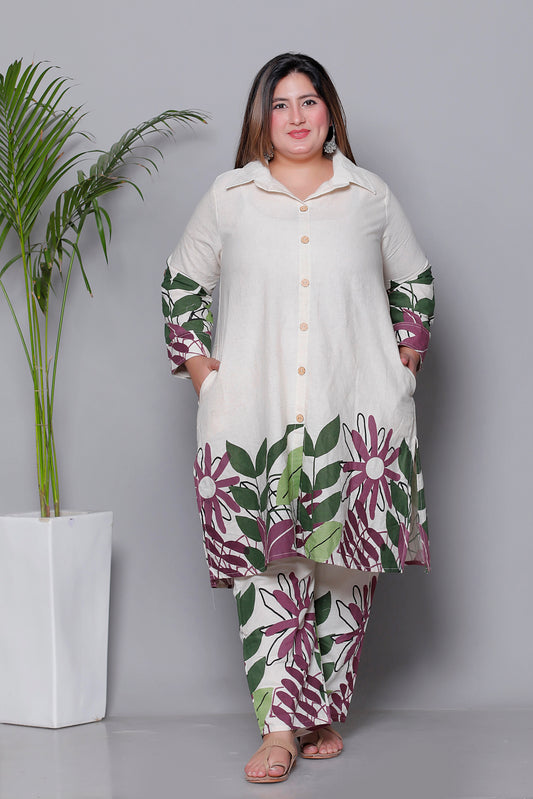 FLORAL LEAF HAND PAINTED PRINT COTTON FLEX 2 PEICE KURTA PANT IN WINE BY PLUSSIZEKURTI