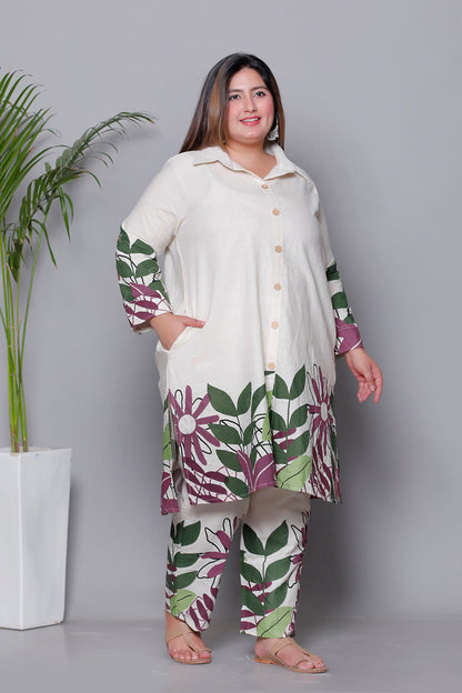 FLORAL LEAF HAND PAINTED PRINT COTTON FLEX 2 PEICE KURTA PANT IN WINE BY PLUSSIZEKURTI
