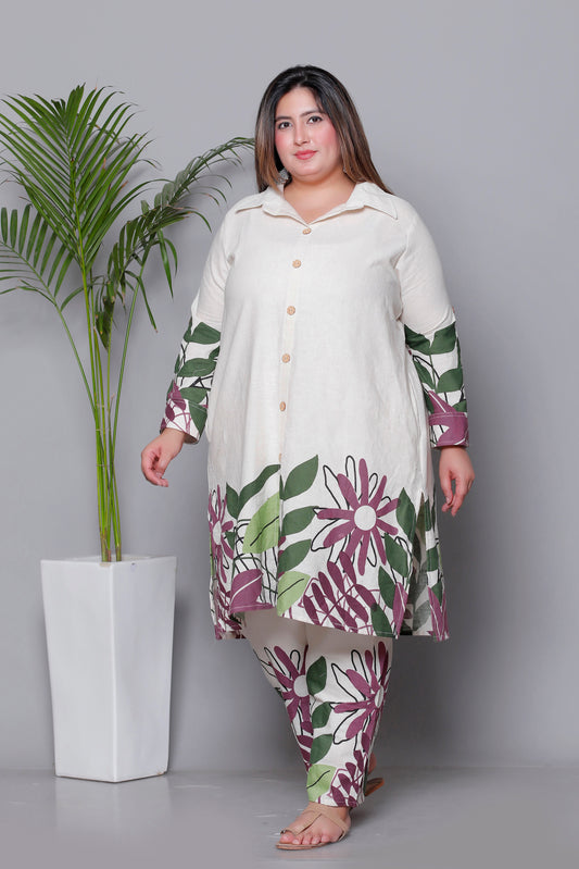 FLORAL LEAF HAND PAINTED PRINT COTTON FLEX 2 PEICE KURTA PANT IN WINE BY PLUSSIZEKURTI