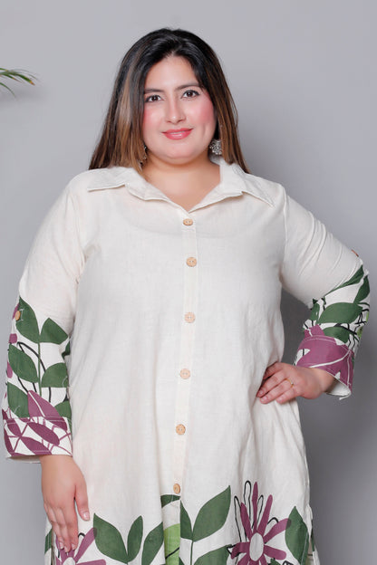 FLORAL LEAF HAND PAINTED PRINT COTTON FLEX 2 PEICE KURTA PANT IN WINE BY PLUSSIZEKURTI