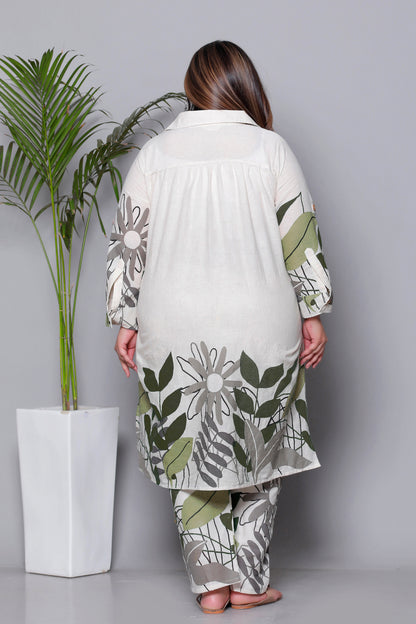 FLORAL LEAF HAND PAINTED PRINT COTTON FLEX 2 PEICE KURTA PANT IN GREEN BY PLUSSIZEKURTI