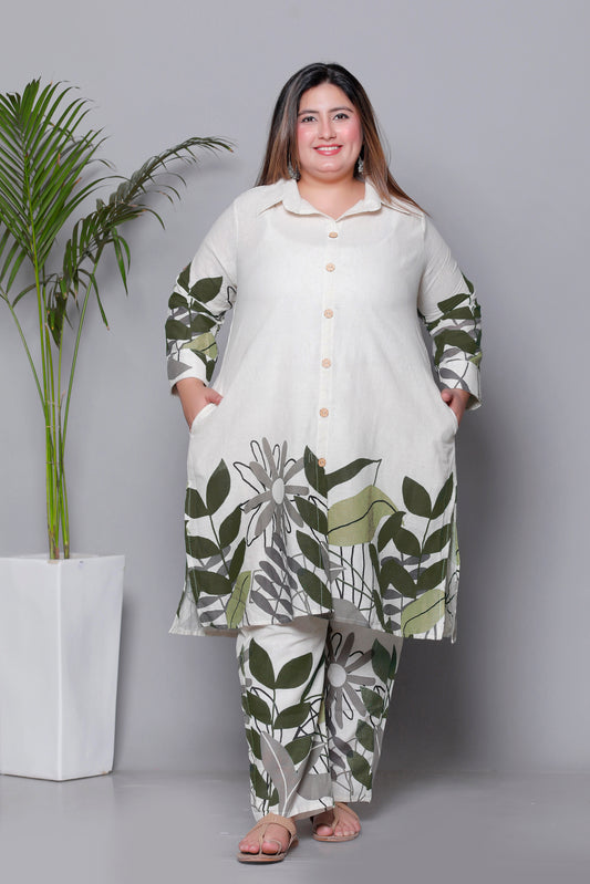 FLORAL LEAF HAND PAINTED PRINT COTTON FLEX 2 PEICE KURTA PANT IN GREEN BY PLUSSIZEKURTI
