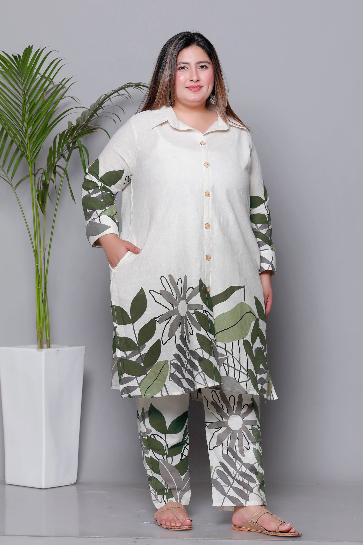 FLORAL LEAF HAND PAINTED PRINT COTTON FLEX 2 PEICE KURTA PANT IN GREEN BY PLUSSIZEKURTI
