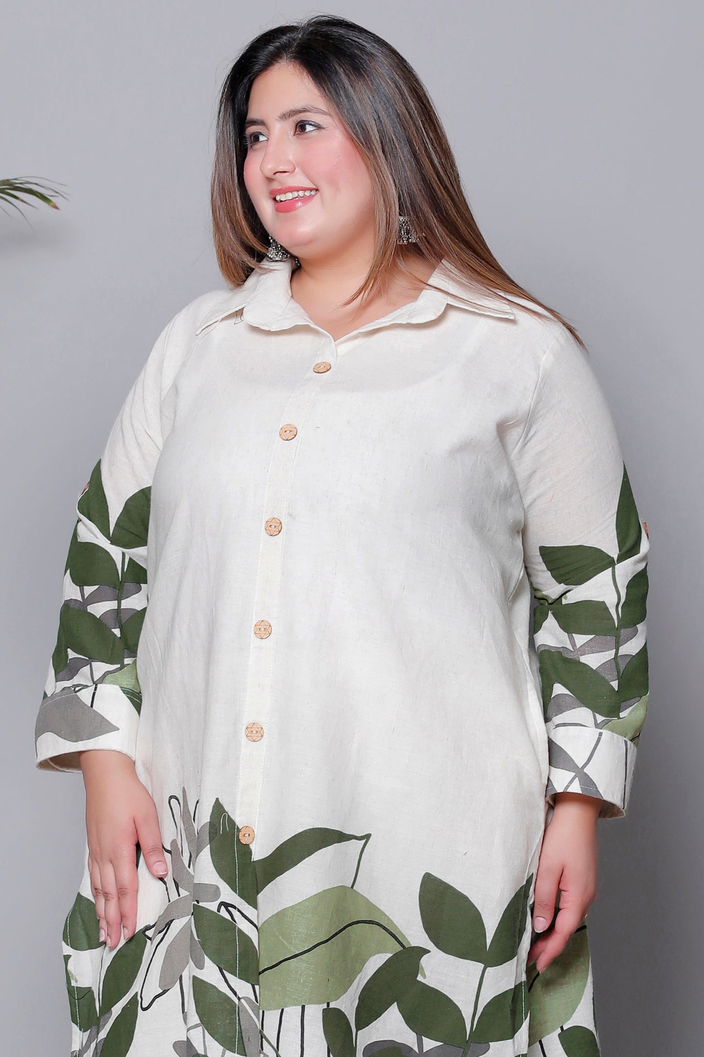 FLORAL LEAF HAND PAINTED PRINT COTTON FLEX 2 PEICE KURTA PANT IN GREEN BY PLUSSIZEKURTI