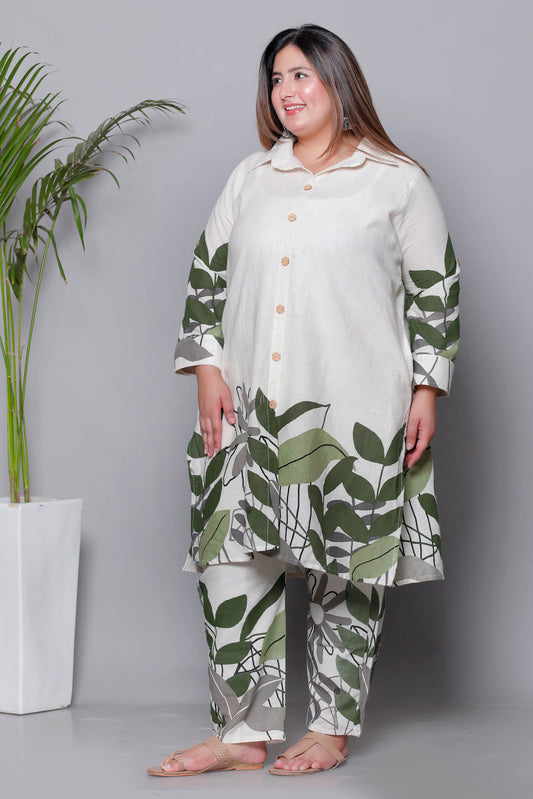 FLORAL LEAF HAND PAINTED PRINT COTTON FLEX 2 PEICE KURTA PANT IN GREEN BY PLUSSIZEKURTI