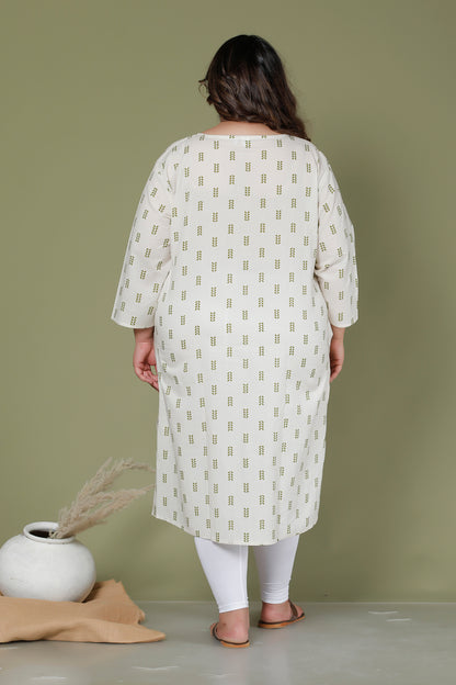 MINI LEAF PRINT COTTON KURTI IN OFFWHITE BY PLUSSIZEKURTI