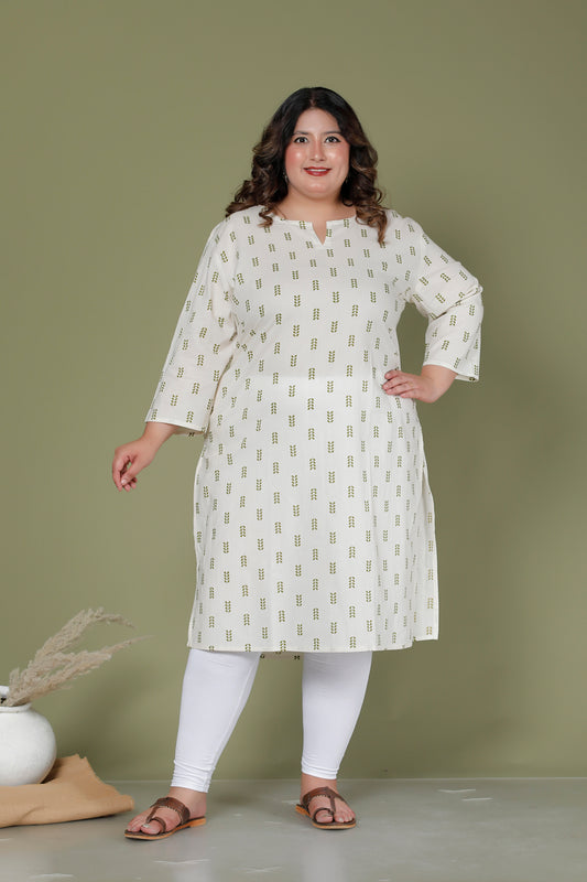 MINI LEAF PRINT COTTON KURTI IN OFFWHITE BY PLUSSIZEKURTI