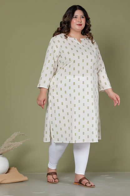 MINI LEAF PRINT COTTON KURTI IN OFFWHITE BY PLUSSIZEKURTI
