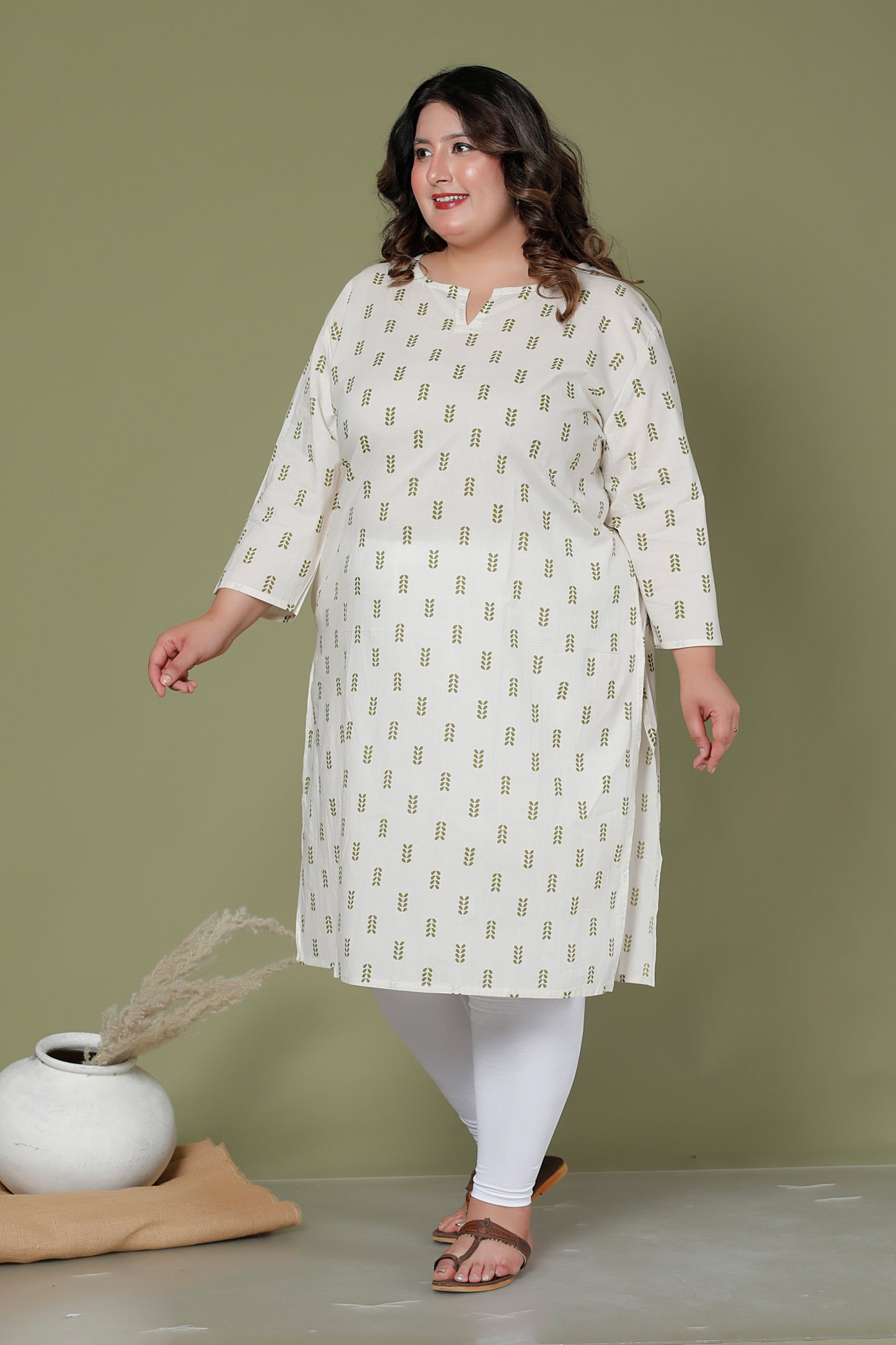 MINI LEAF PRINT COTTON KURTI IN OFFWHITE BY PLUSSIZEKURTI