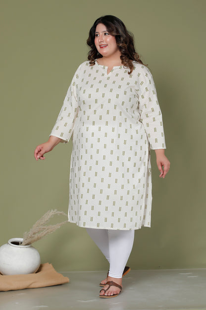MINI LEAF PRINT COTTON KURTI IN OFFWHITE BY PLUSSIZEKURTI