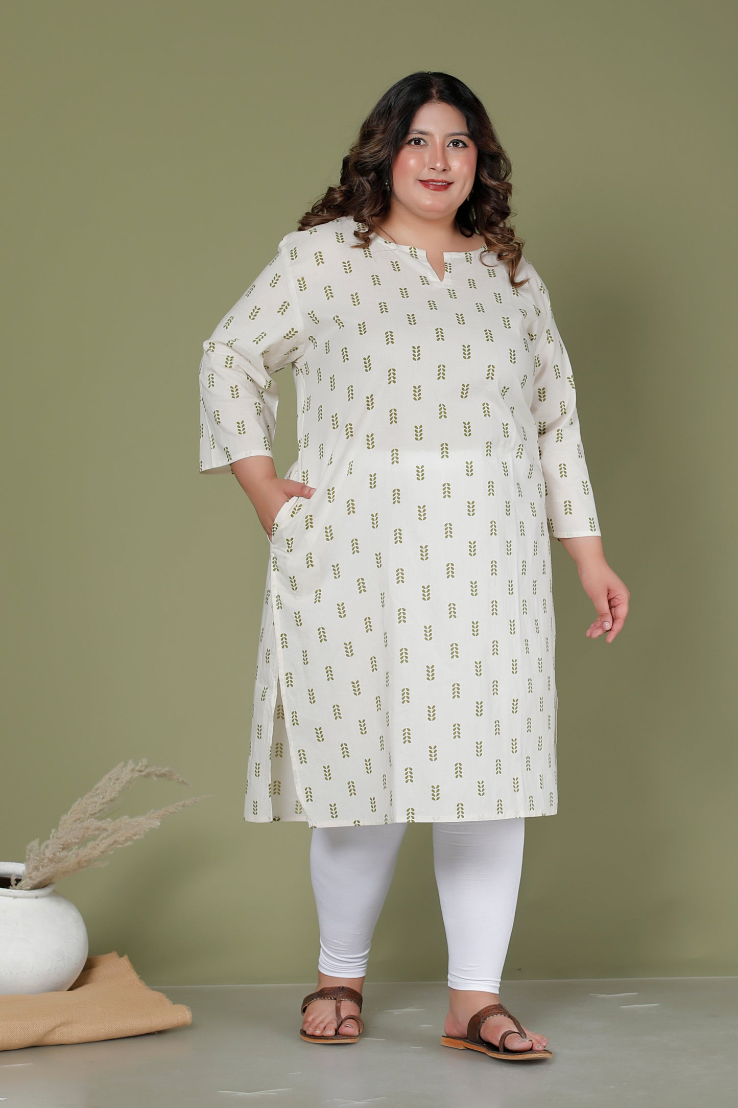 MINI LEAF PRINT COTTON KURTI IN OFFWHITE BY PLUSSIZEKURTI