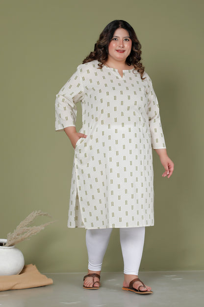 MINI LEAF PRINT COTTON KURTI IN OFFWHITE BY PLUSSIZEKURTI