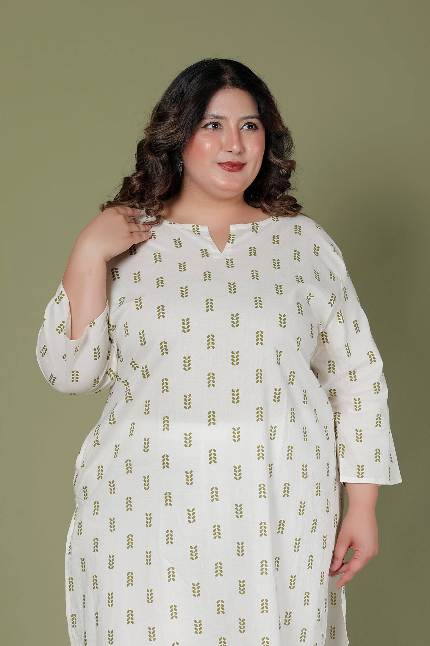 MINI LEAF PRINT COTTON KURTI IN OFFWHITE BY PLUSSIZEKURTI