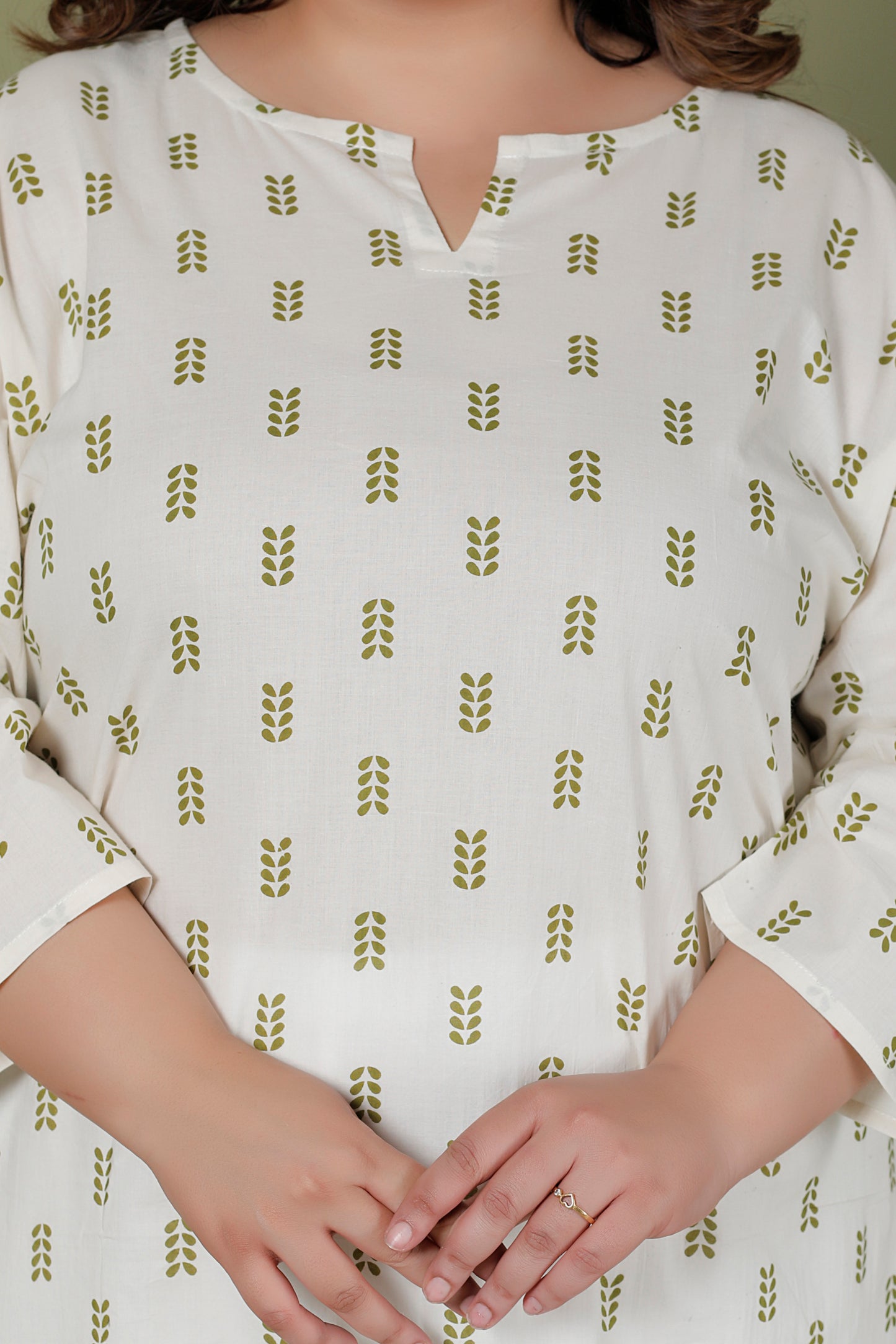 MINI LEAF PRINT COTTON KURTI IN OFFWHITE BY PLUSSIZEKURTI